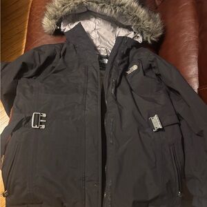 The North Face Men's Black Hooded Puffer Jacket with Faux Fur Trim